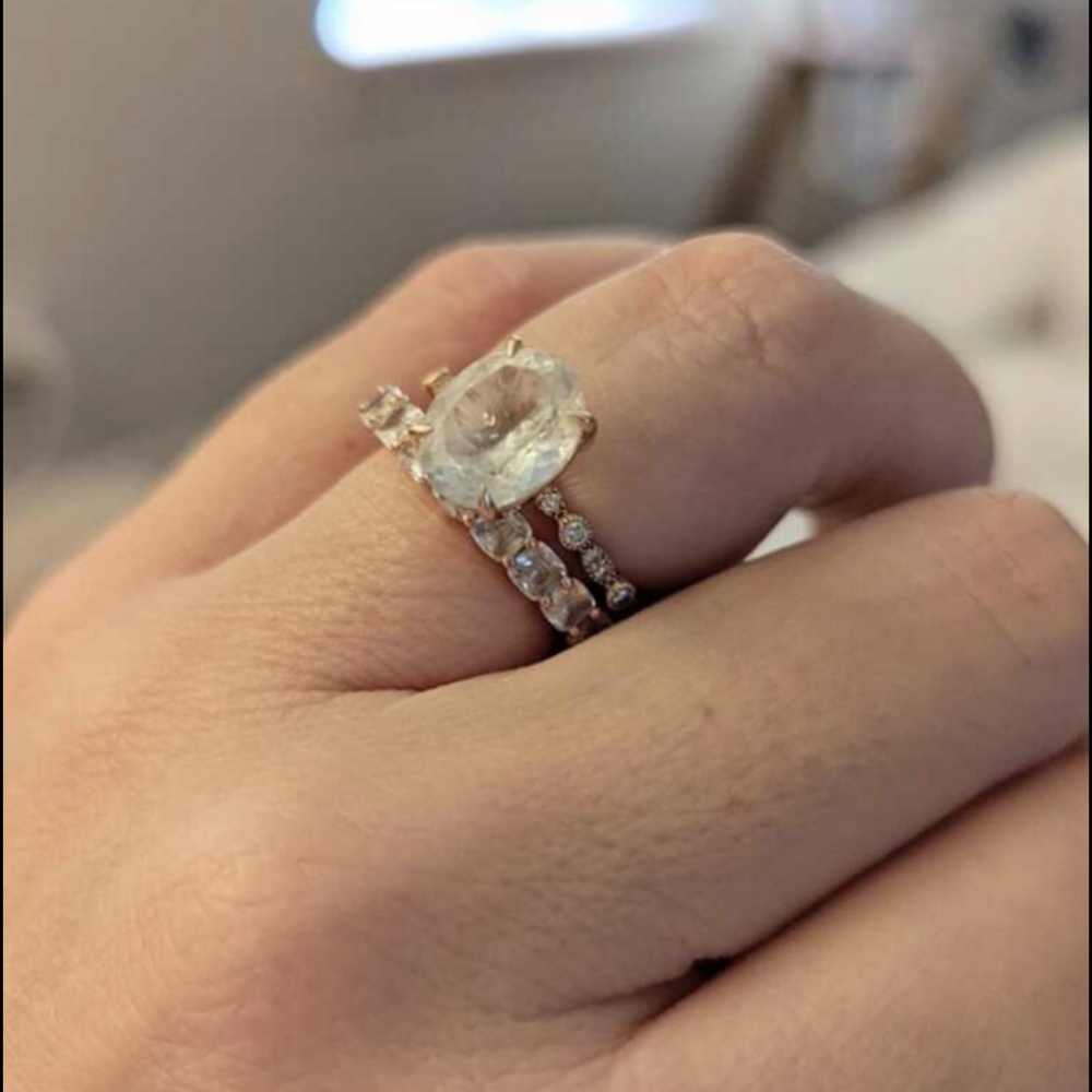 Custom rose gold topaz and diamond engagement ring and eternity wedding band